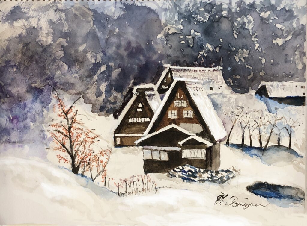 雪の白川郷 F4	水彩　冨安 英孝 