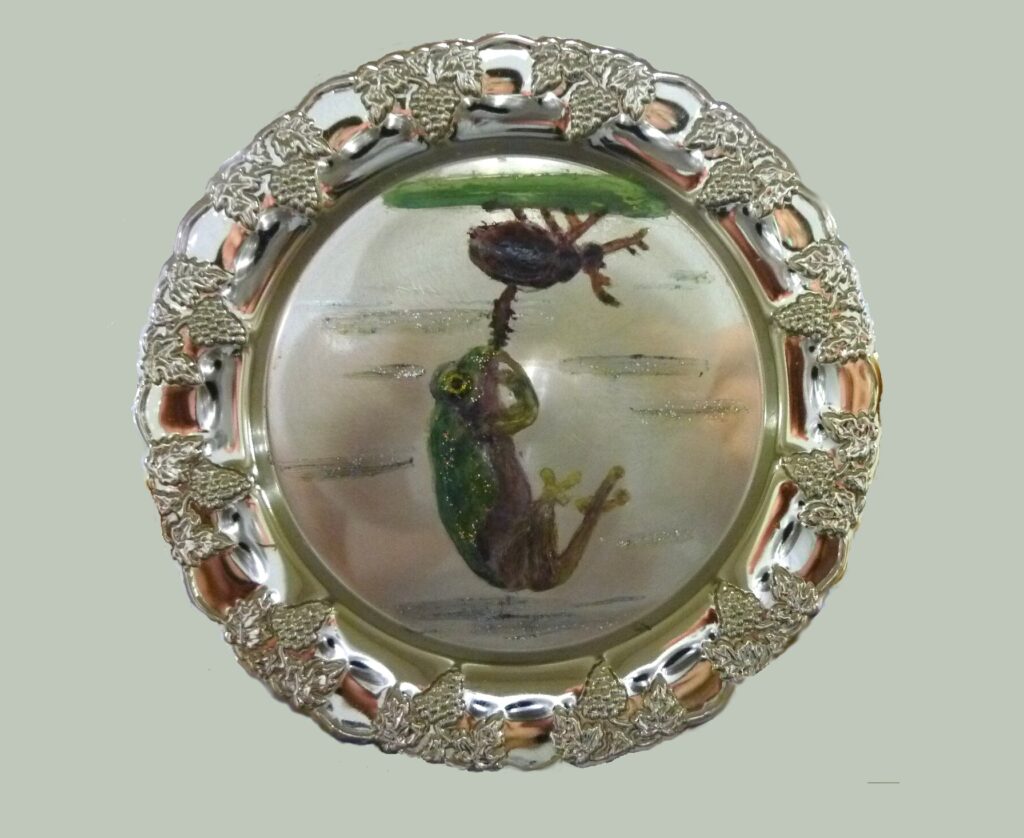 蛙　混合技法　コースター　岡本弥生