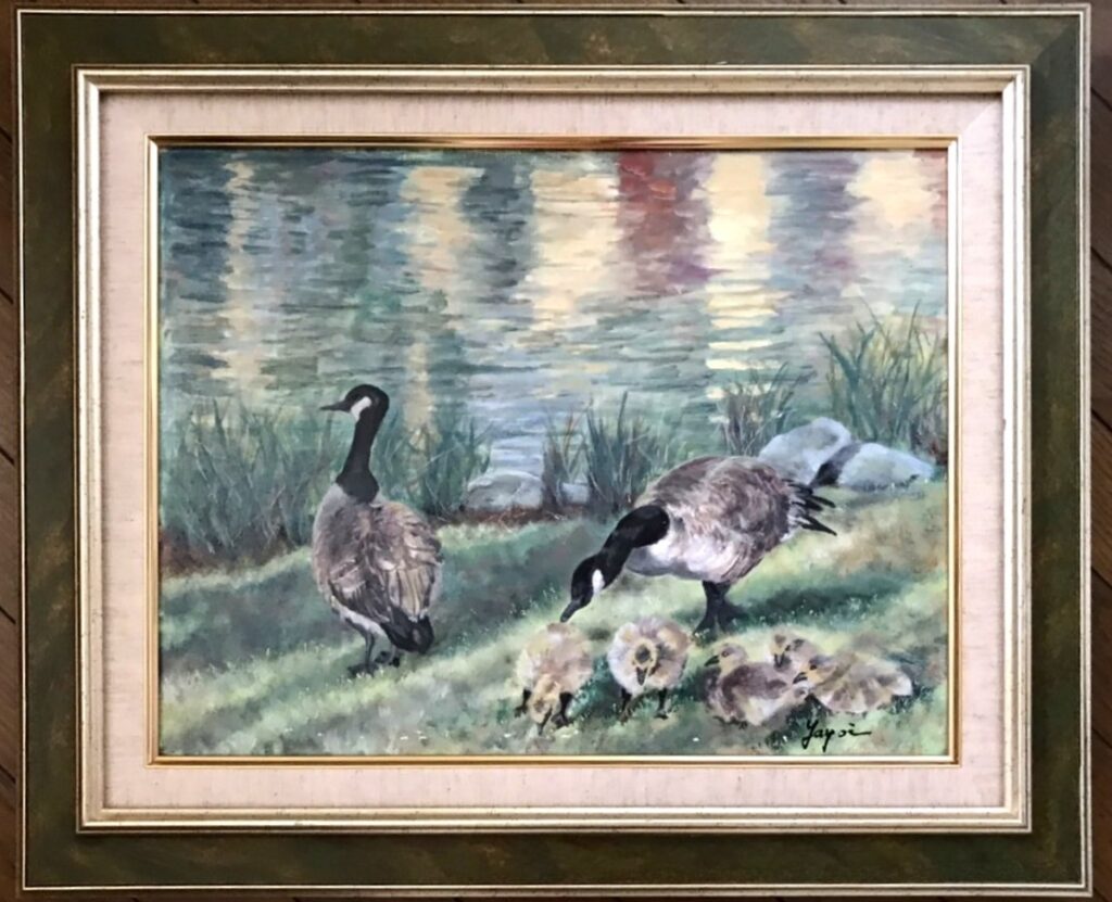 カナダガンは子育て中　油彩画 f6　岡本弥生